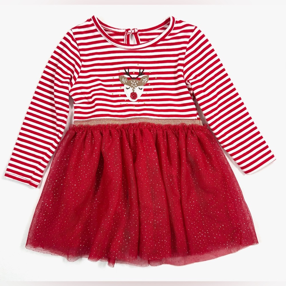 PRIMARK Baby Girls' Red Stripe Reindeer‎ Embellished Tulle Skirt Dress Size 6-9M